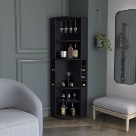 Oban Corner Bar Cabinet with Five Shelves , Eight Bottle Cubbies and Steamware Black