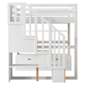 Full Size Loft Bed with Desk and Shelves, Two Built-in Drawers, Storage Staircase, White and Natural