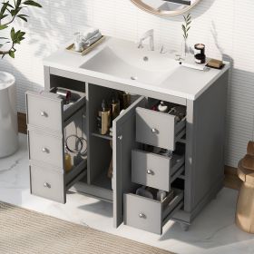 Contemporary Bathroom Vanity Cabinet - 36x18x34 inches, 4 Drawers & 1 Cabinet Door, Multipurpose Storage, Resin Integrated Sink, Adjustable Shelves (Material: Solid Wood+MDF+Resin, Color: Gray)