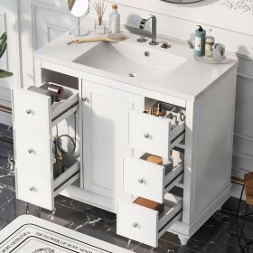 Contemporary Bathroom Vanity Cabinet - 36x18x34 inches, 4 Drawers & 1 Cabinet Door, Multipurpose Storage, Resin Integrated Sink, Adjustable Shelves (Material: Solid Wood+MDF+Resin, Color: White)